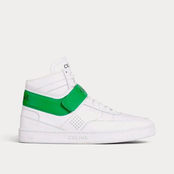 Celine CT-03 High Top Sneakers Sz 37 Optic White & Green Calfskin Leather - Picture 2 of 14